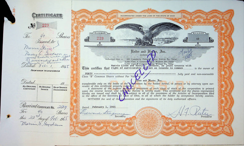 Reiter Dairy Company Stock Certificate Bond Scripophilly Akron Ohio 1965 No 229