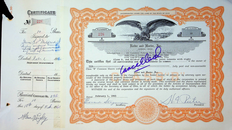 Reiter Dairy Company Stock Certificate Bond Scripophilly Akron Ohio 1965 No 226