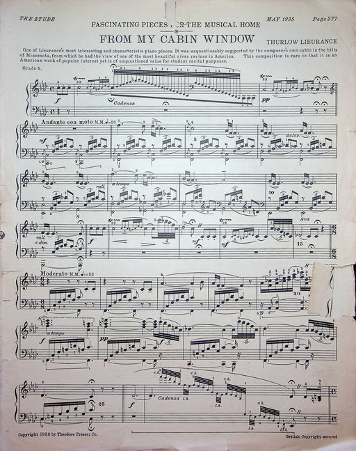 1935 From My Cabin Window Vintage Sheet Music Piano Song Thurlow Lieurance Etude 1