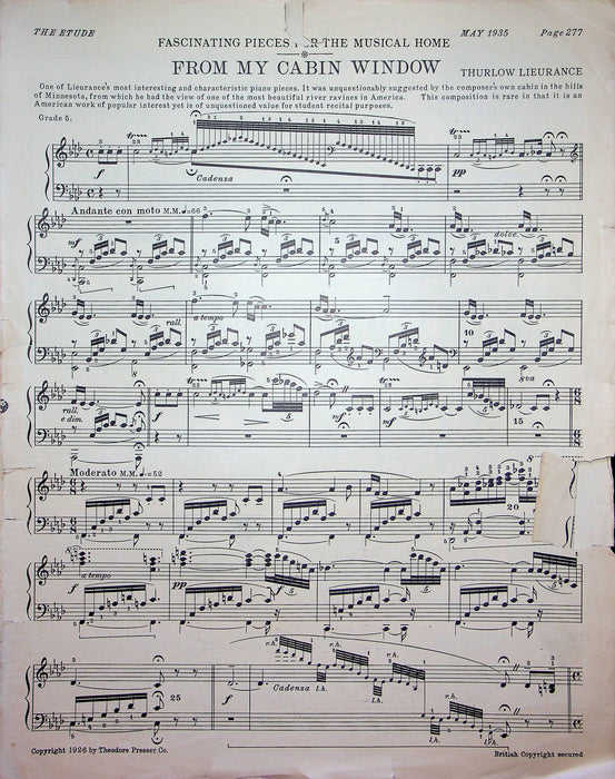 1935 From My Cabin Window Vintage Sheet Music Piano Song Thurlow Lieurance Etude 1