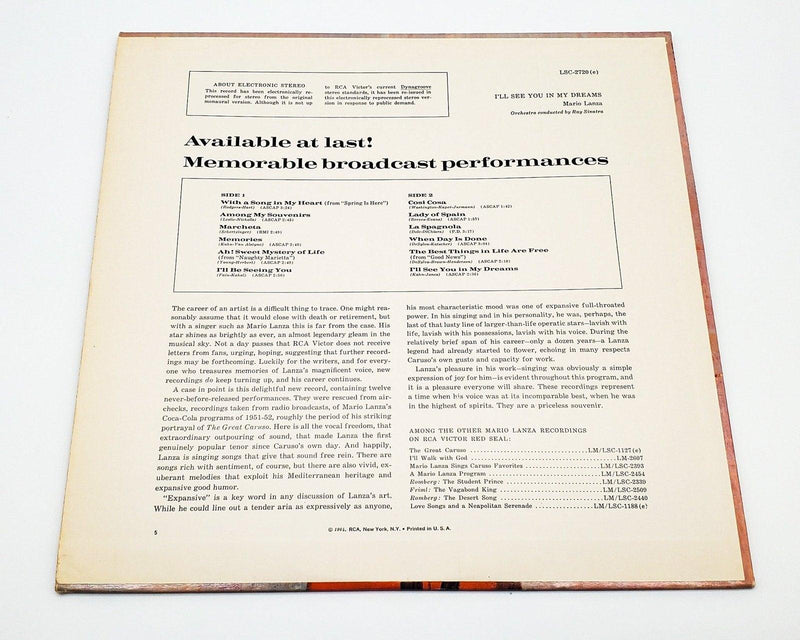 Mario Lanza I'll See You In My Dreams 33 RPM LP Record RCA Victor Red Seal 1964 2