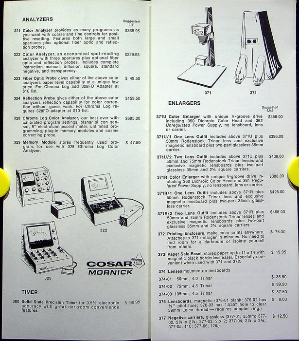 1978 Cosar Mornick Darkroom Equipment Brochure Enlargers, Analyzers & Price List