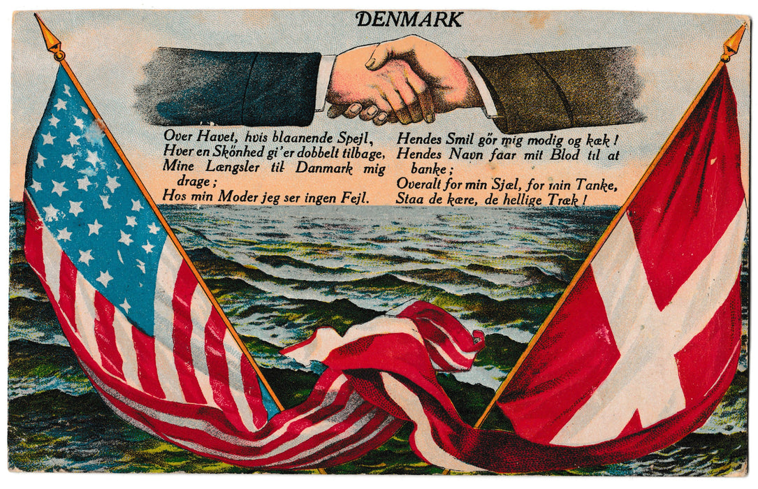 1906 Postcard Denmark American Flags Shaking Hands USED Danes Immigration