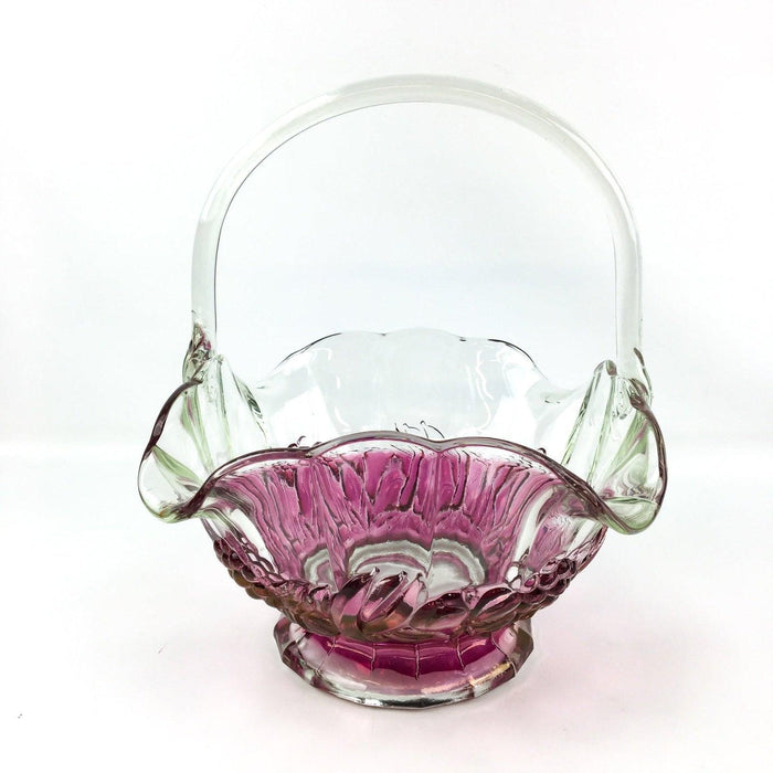 Vintage Glass Basket Clear Iridescent Cranberry Red Fruit Pattern Pressed 11" 4