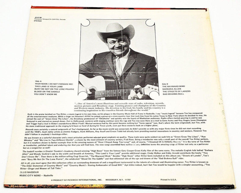 Tex Ritter High Noon 33 RPM LP Record Pickwick International 1974 JS 6138 2