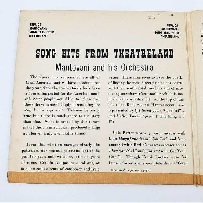 Mantovani And His Orchestra Song Hits From Theatreland LP Record London 1955 4
