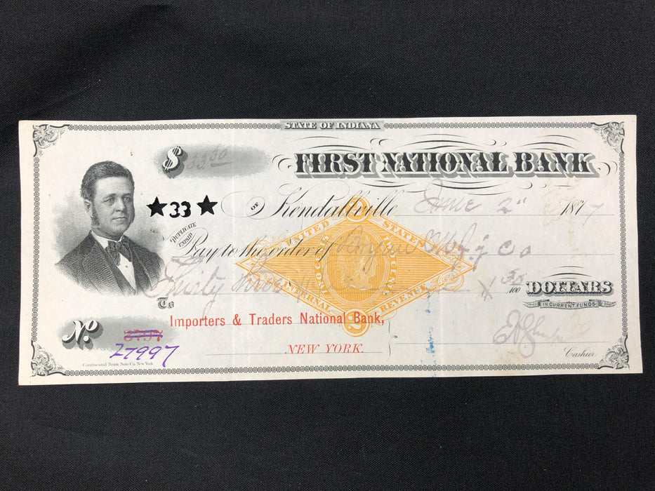 Antique Bank Check Original 1877 First National Bank Indiana 27997 Hole Punched