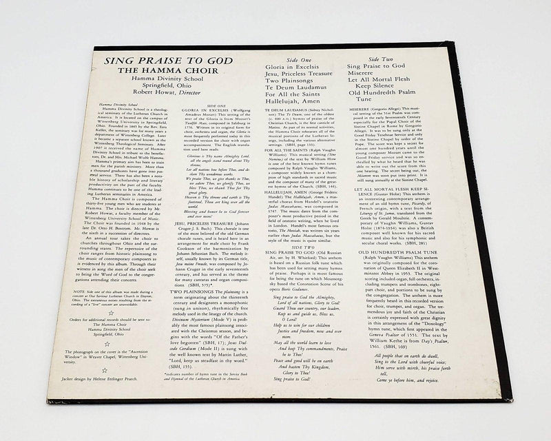 The Hamma Choir Springfield Ohio Sing Praise To God 33 RPM LP Record WFB 479-1 2