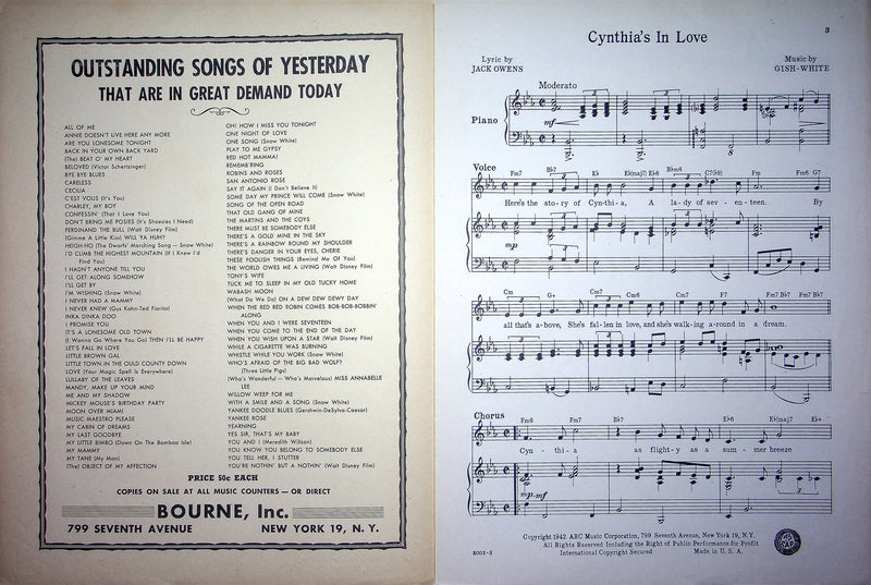 Vintage Sheet Music Cynthia's In Love Perry Como 1942 Jack Owens Gish White WW2 3
