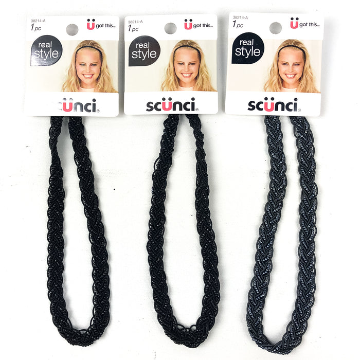 3-PK Scunci Beaded Headwrap Black Silver Metallic Beads Hair Wrap Style 38214-A