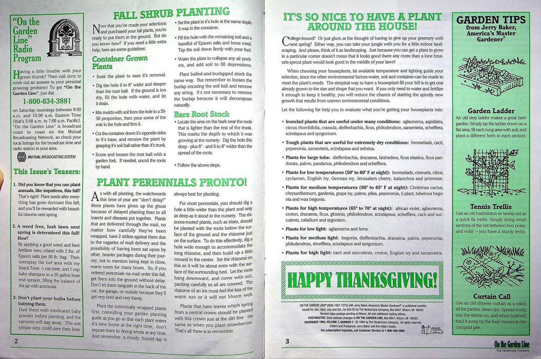 On The Garden Line Magazine November 1994 Fall Bulb Planting, Dividing Lillies