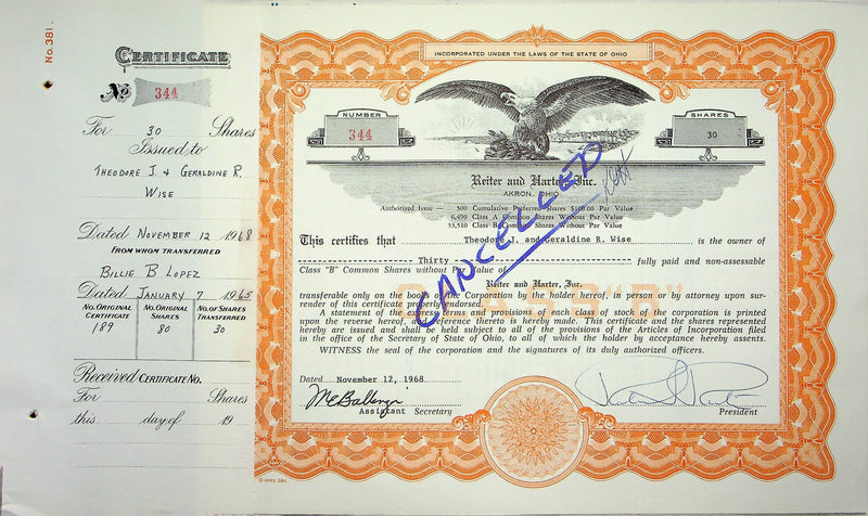 Reiter Dairy Company Stock Certificate Bond Scripophilly Akron Ohio 1968 No 344