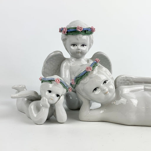 Vintage Porecelain Angel Cherub Sit Kneel Lay Piano Baby Trio - Set of 3 2