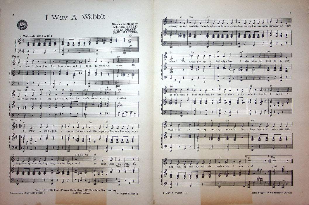 Sheet Music I Wuv A Wabbit Milton Berle Ervin Drake Paul Martell 1945 WW2 Song 2