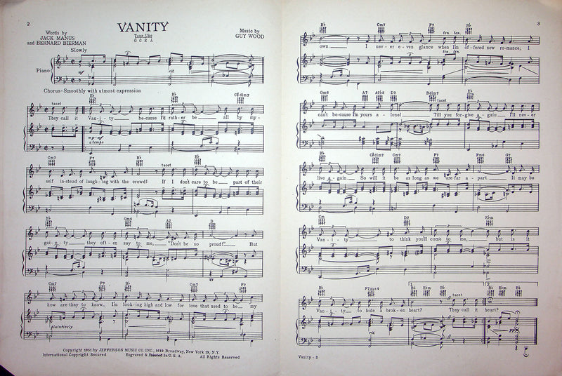 Sheet Music Vanity Don Cherry Jack Manus Bernard Bierman 1951 Guy Wood Piano 2