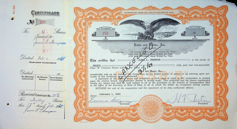 Reiter Dairy Company Stock Certificate Bond Scripophilly Akron Ohio 1965 No 256