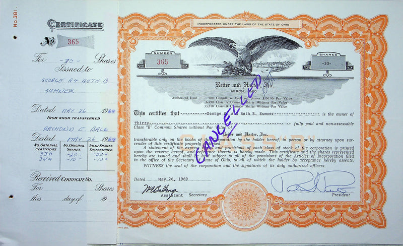 Reiter Dairy Company Stock Certificate Bond Scripophilly Akron Ohio 1969 No 365