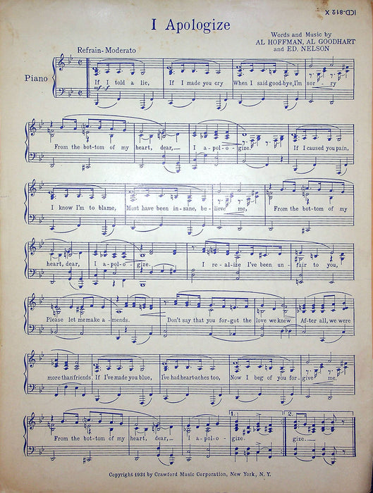 Sheet Music I Apologize Champ Butler Al Hoffman Goodhart Ed Nelson 1931 Song 3