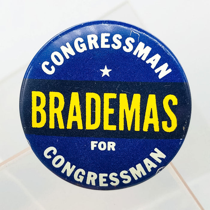 Congressman John Brademas Button Pin 1.25" Indiana Politician Campaign Blue 7