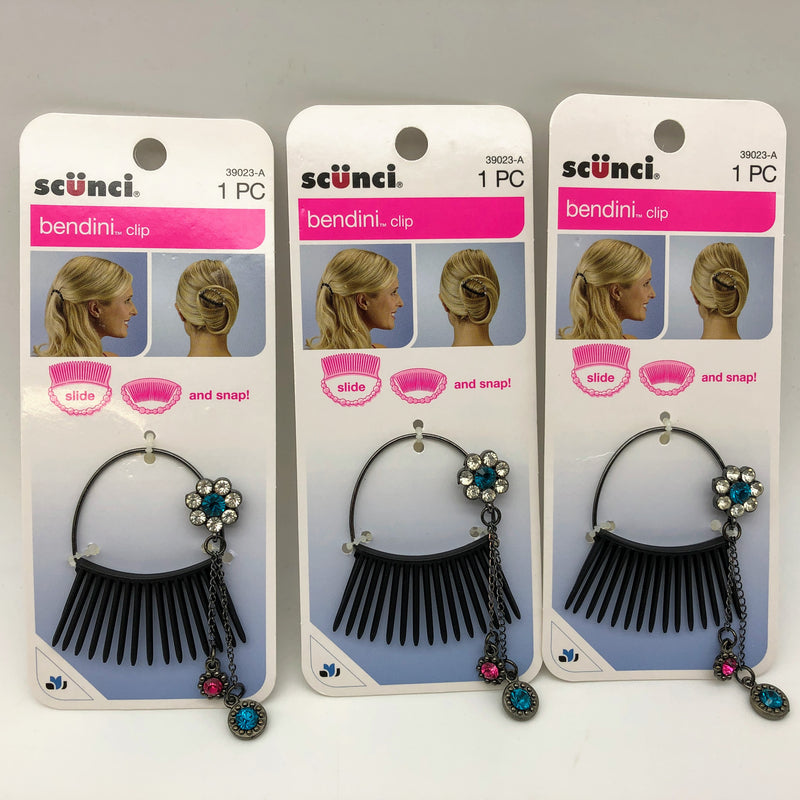3-PK Scunci Bendini Clip Medium with Jewels Slide and Snap Pink Style 39023-A