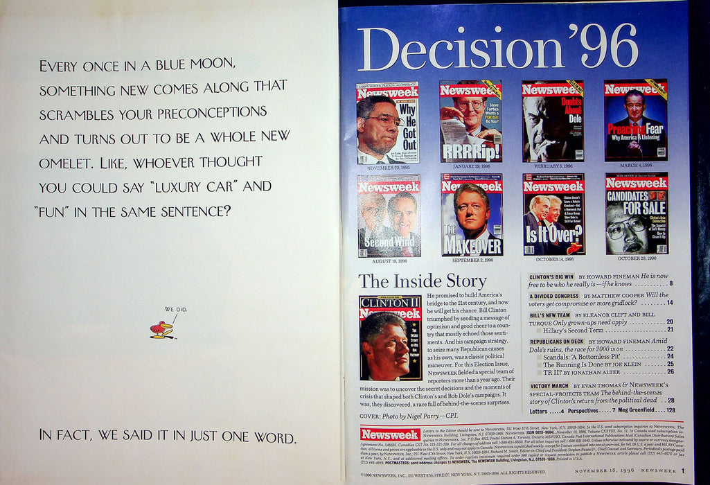 Newsweek Magazine November 18 1996 President Bill Clinton Re Election Issue