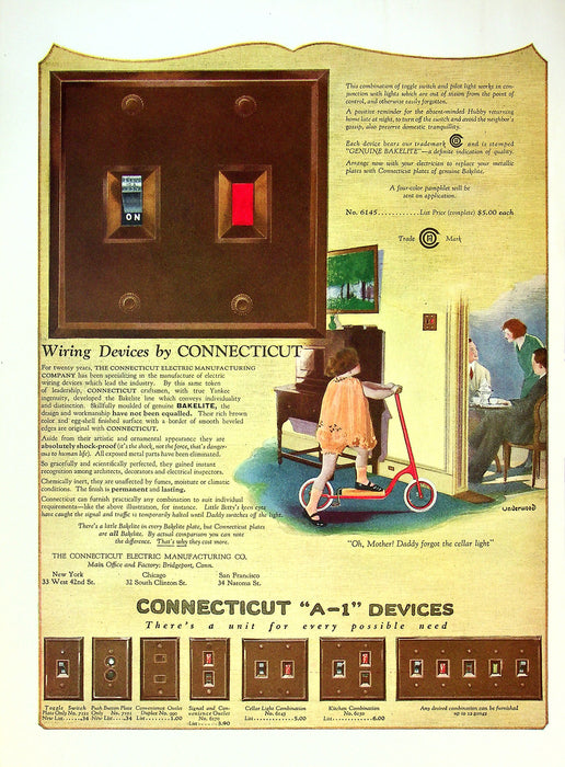 1950s Connecticut Electric Manufacturing Co. A-1 Wiring Devices 13"X10" Print Ad