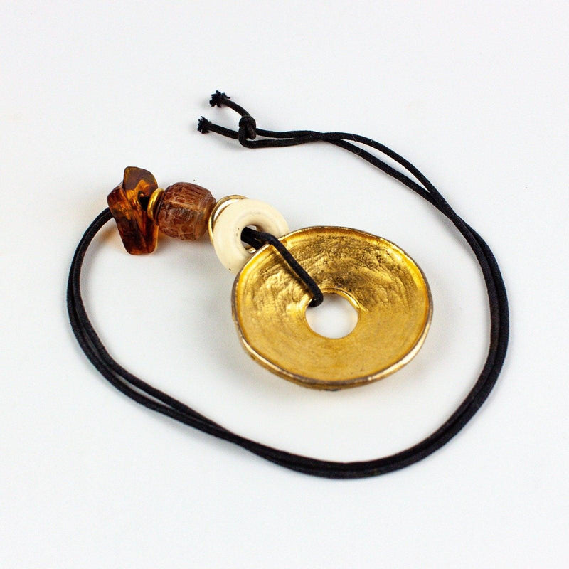 Gold Toned Statement Necklace Metal Donut Amulet Corded 2