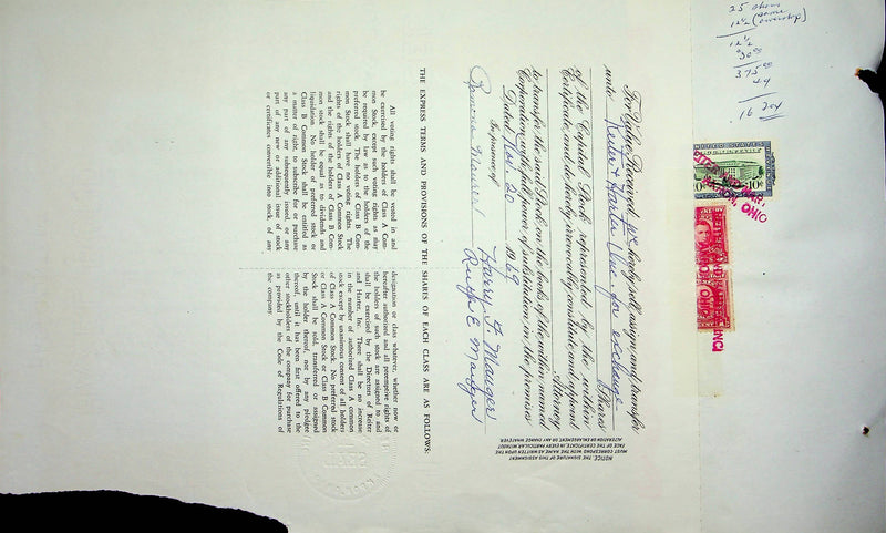 Reiter Dairy Company Stock Certificate Bond Scripophilly Akron Ohio 1965 No 276