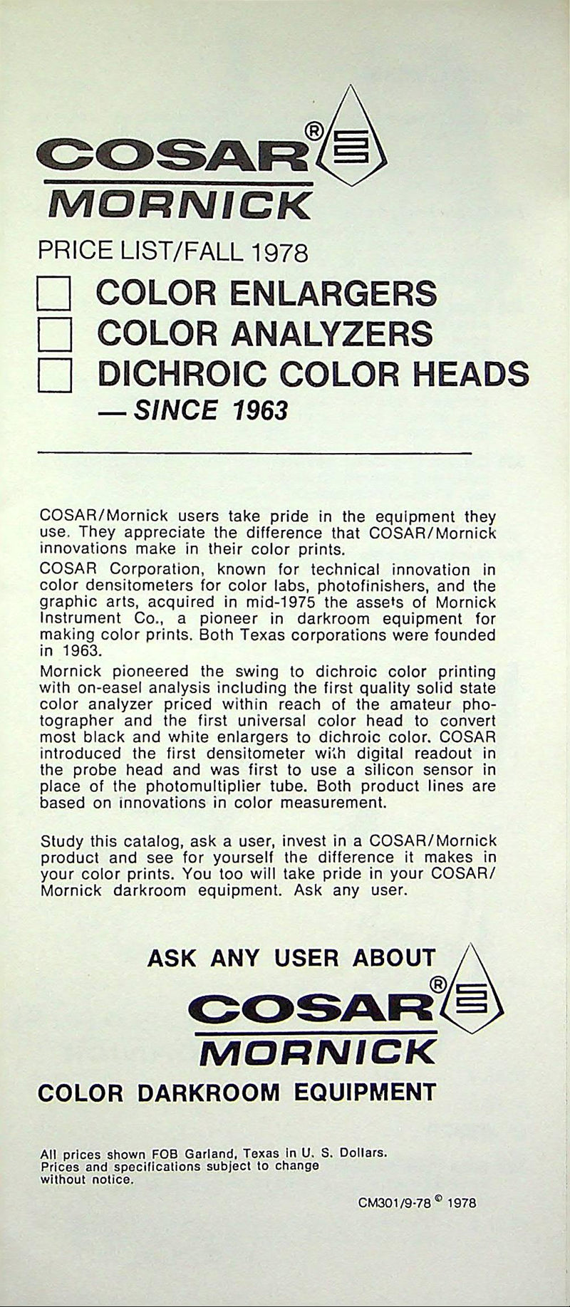 1978 Cosar Mornick Darkroom Equipment Brochure Enlargers, Analyzers & Price List