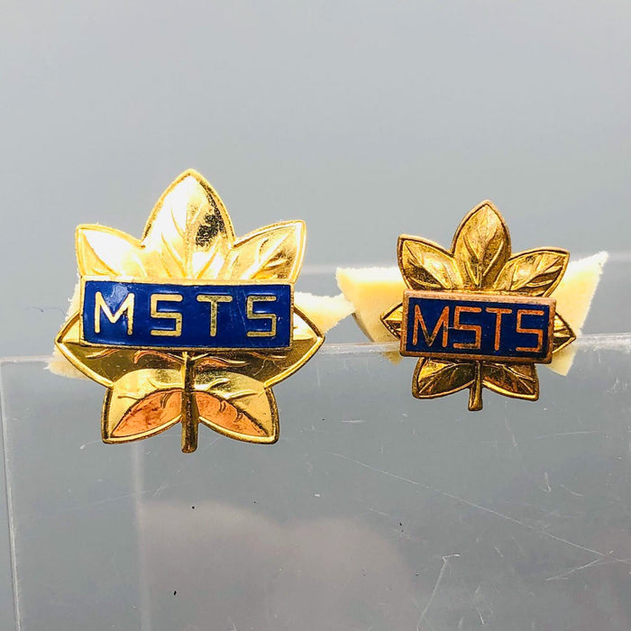 Pair Military Sea Transport Service Pins Pinback M. S. T. S. Gemsco NY Oak Leaf 3