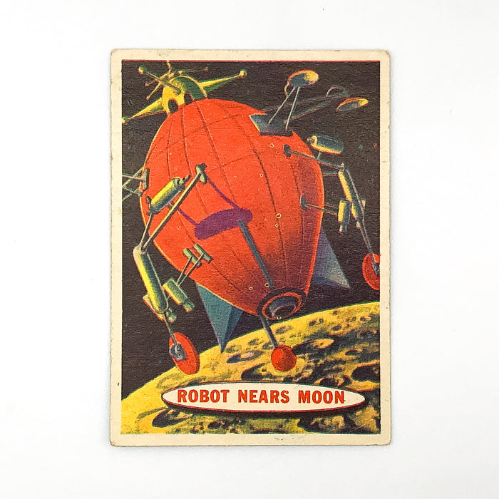 1957 Topps Space Card #8 Robot Nears Moon Chewing Gum Unmanned Ship Cartoon Art