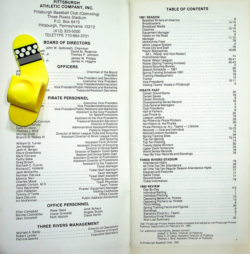 Pittsburgh Pirates 1981 Baseball Media Guide Booklet Coca Cola Advertisement