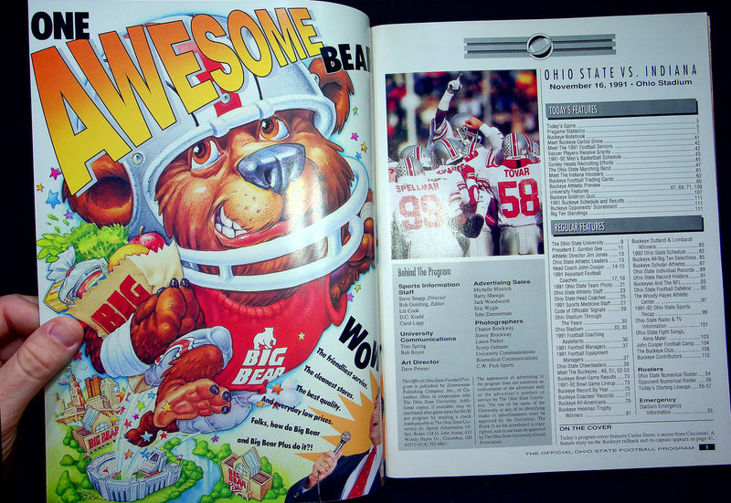 Ohio State Buckeye Football Program Nov 16 1991 Vs. Indiana Hoosiers Error Copy