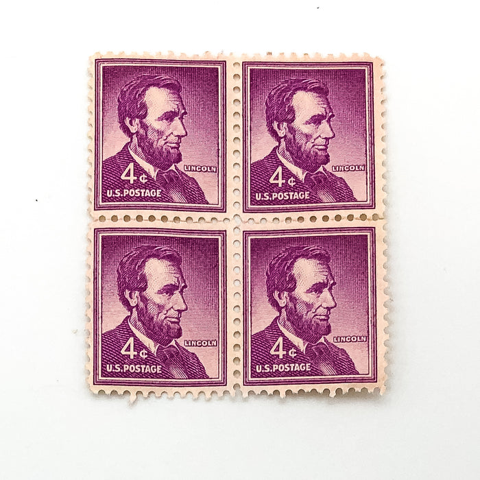 1954 Abraham Lincoln 4 Cent Stamp Block of 4 Purple Liberty Series Back Damage