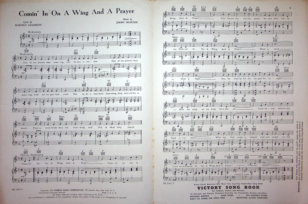 Sheet Music Comin' In On A Wing And A Prayer Jimmy Dorsey 1943 WW2 US Air Force 2