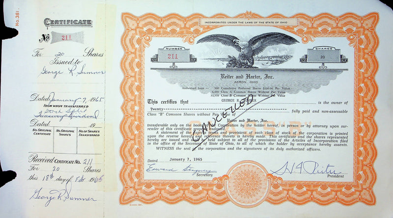 Reiter Dairy Company Stock Certificate Bond Scripophilly Akron Ohio 1965 No 211