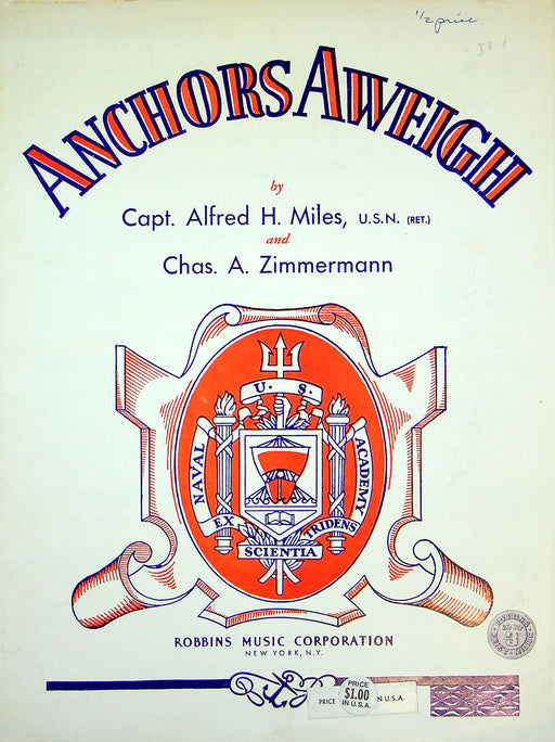 Sheet Music Anchors Aweigh Capt Alfred Miles Chas Zimmerman 1943 WW2 US Navy 1