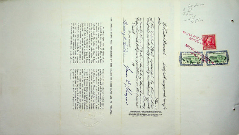 Reiter Dairy Company Stock Certificate Bond Scripophilly Akron Ohio 1966 No 304