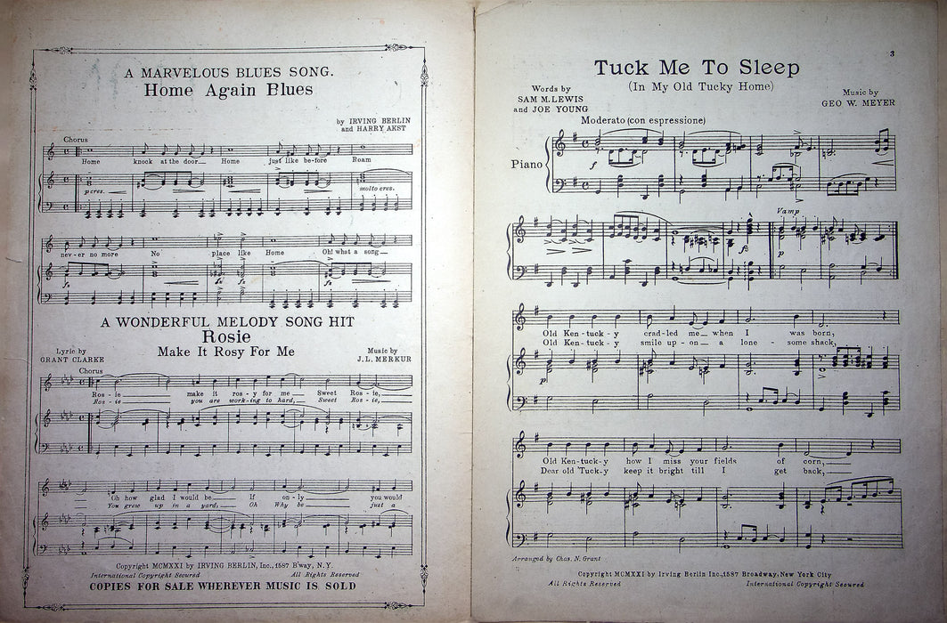 Vintage Sheet Music Tuck Me To Sleep In My Old Tucky Home 1921 Young Lewis Meyer 3