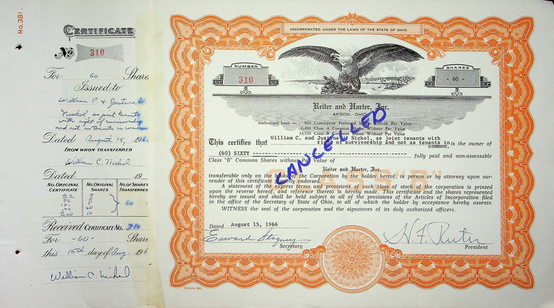 Reiter Dairy Company Stock Certificate Bond Scripophilly Akron Ohio 1966 No 310