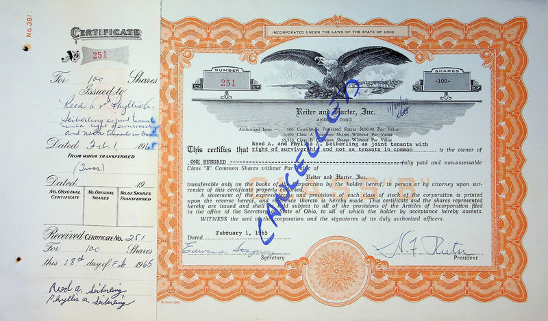 Reiter Dairy Company Stock Certificate Bond Scripophilly Akron Ohio 1965 No 251