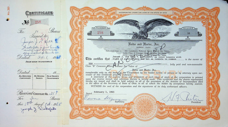 Reiter Dairy Company Stock Certificate Bond Scripophilly Akron Ohio 1965 No 258