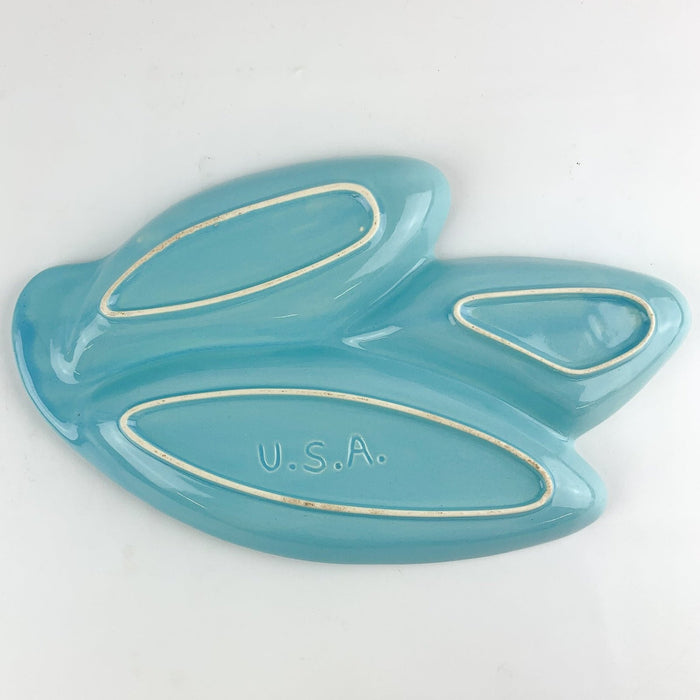 Vintage USA Pottery Leaf Shaped Teal Turquoise Blue Divided Serving Candy Dish 7