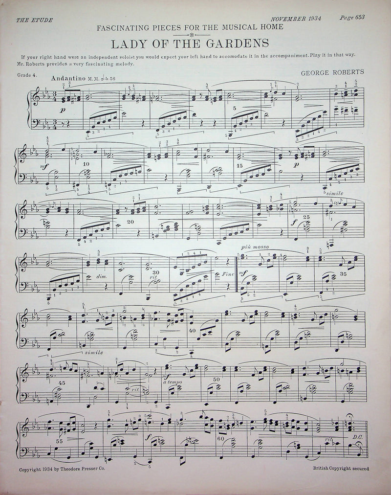 Daffodillies Sheet Music Piano Violin Song George Henry Day 1934 Etude Magazine 1