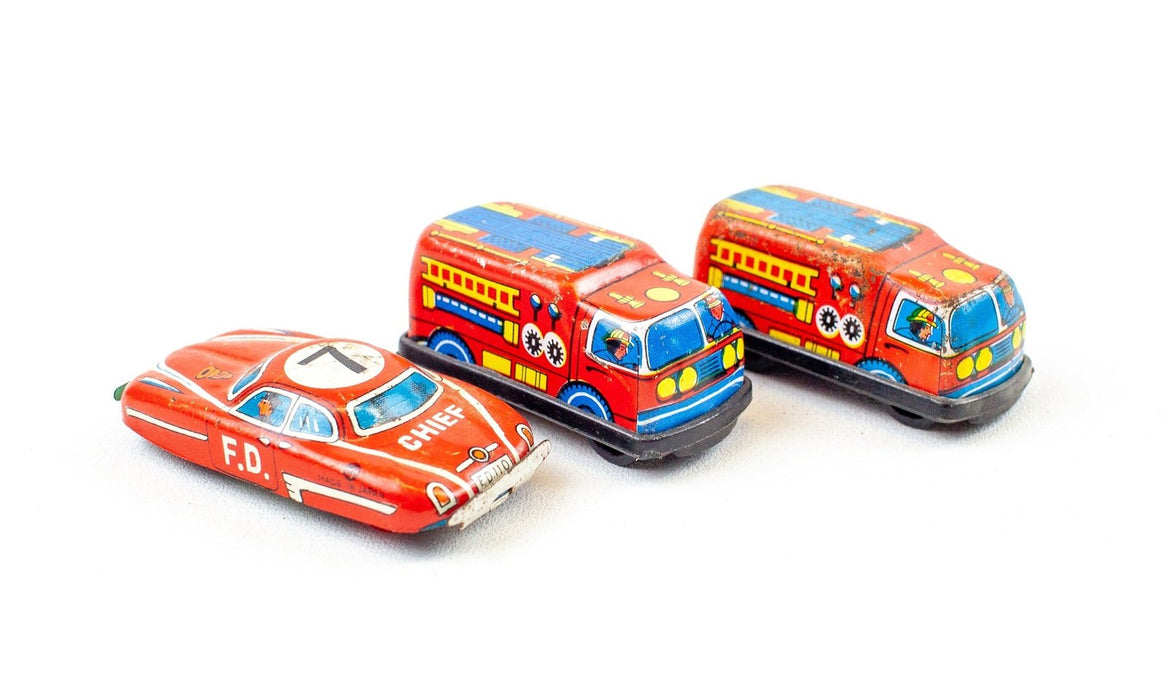 Vintage Tin Windup Cars - Fire Truck & Fire Chief | Lot of 3 1
