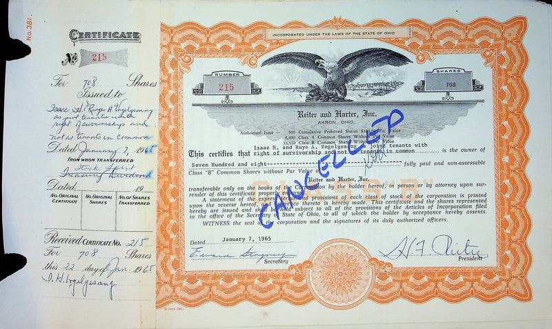 Reiter Dairy Company Stock Certificate Bond Scripophilly Akron Ohio 1965 No 215