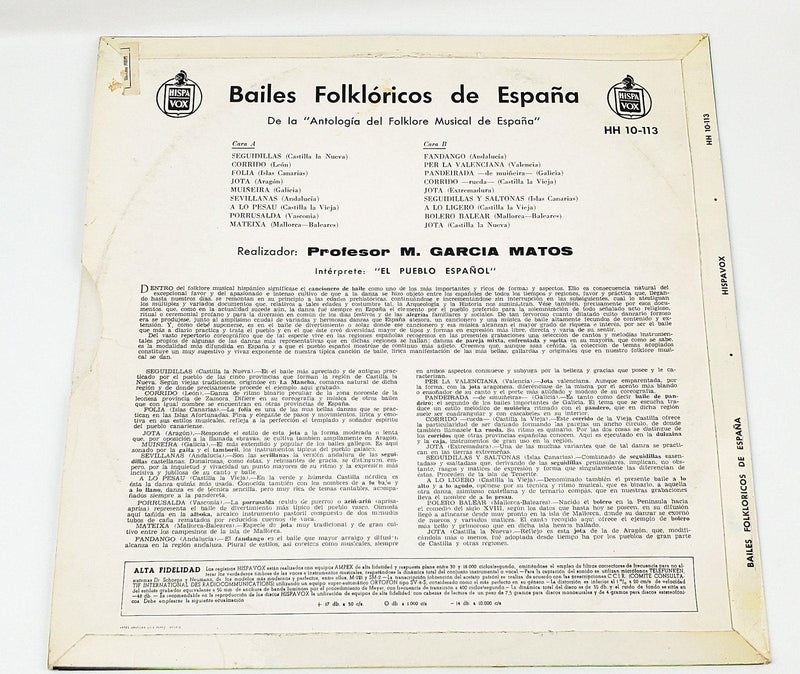 Bailes Folklóricos de Espańa Record 33 RPM LP HH 10-113 Hispavox 2