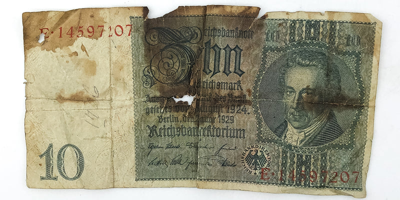 1929 Germany 10 Reichsmark Bank Note Head of Thaer Series E German Bill