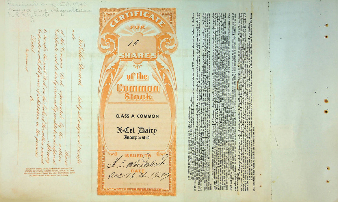 X-Cel Dairy Company Stock Certificate Bond Scripophilly Akron Ohio 1937 No 22