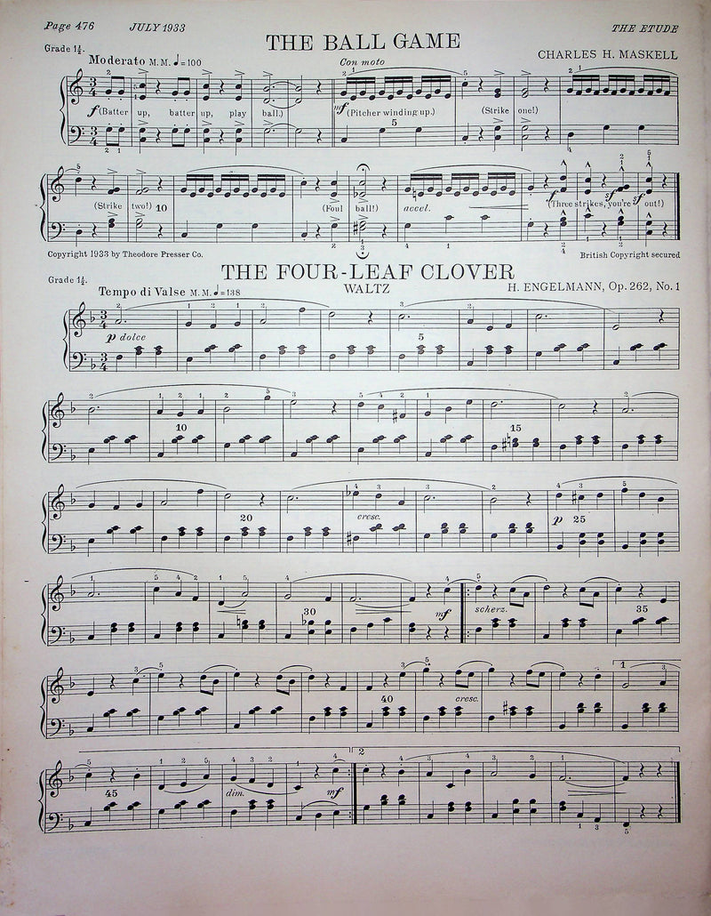 Allegretto Symphony No 3 Op 90 Sheet Music Piano Song J Brahms 1933 Etude Mag 1